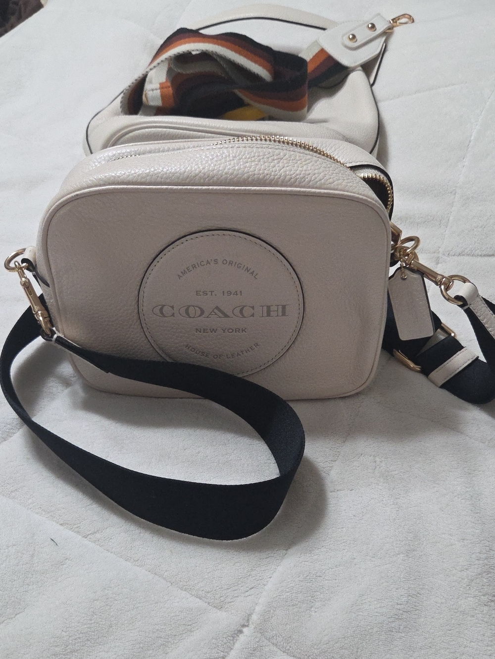 Coach Cream Leather Crossbody Camera Bag with Black Strap